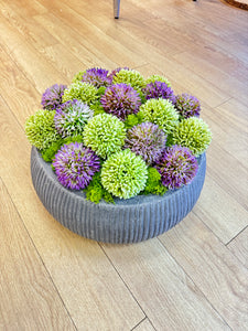 Colorful sedums in gray pot#222)
