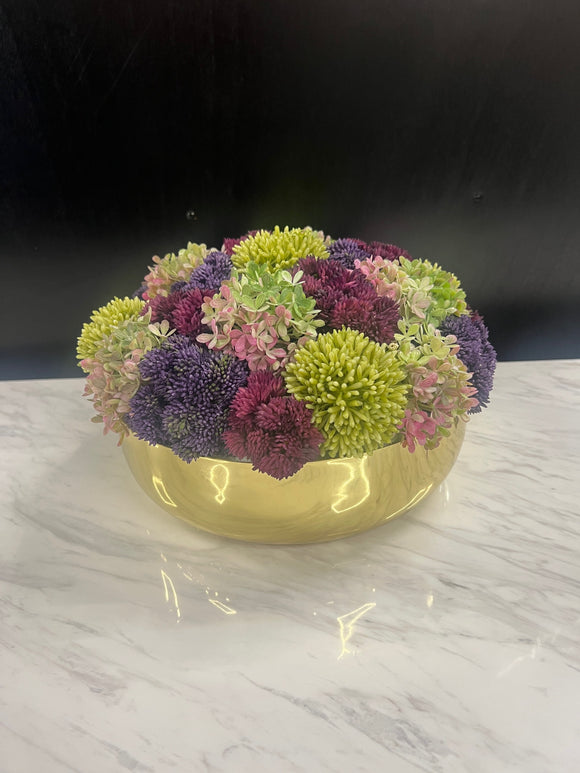 Gold Vase with Flower Arrangement Multi Color Greenery.