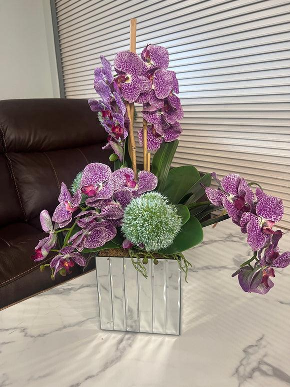 Purple Orchid Vase with Mirrored Rectangles. (Flower Arrangement.)