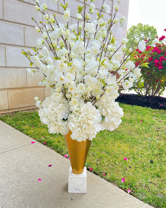 White Flower Arrangement with Golden and Marble Vase