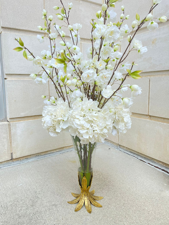 White Blossom Arrangement with Golden and Clear Vase