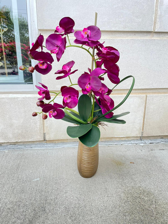 Purple Orchid Arrangement with Golden Vase