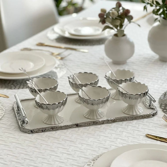 White and silver bowls with spoons and tray #2359