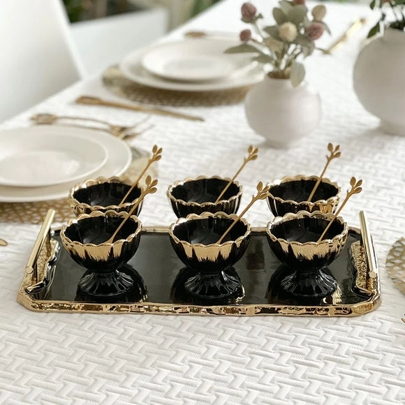 Black and Gold bowls with spoons and tray #2360