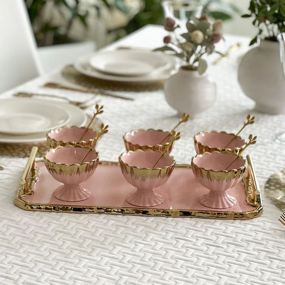 Pink and Gold bowls with spoons and tray #2361