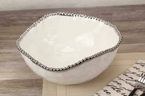 Large porcelan salad bowl white and silver
