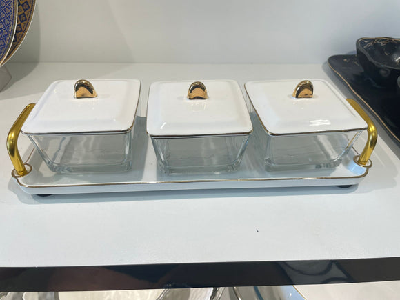 White dip bowls with lid and matching tray