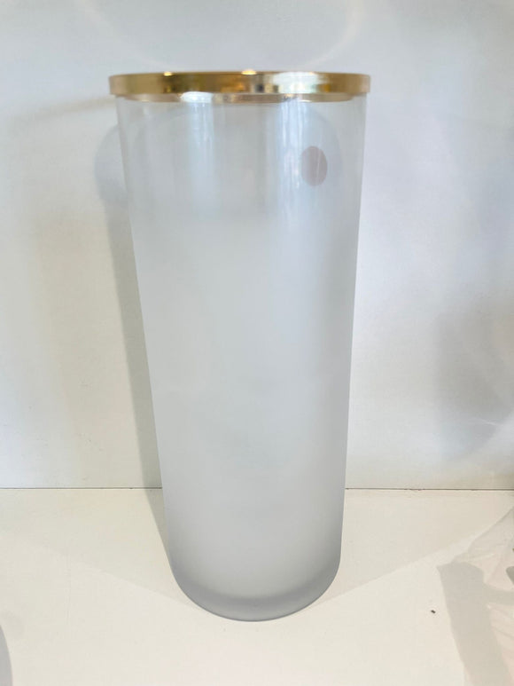 Frosted white glass vase with gold rim