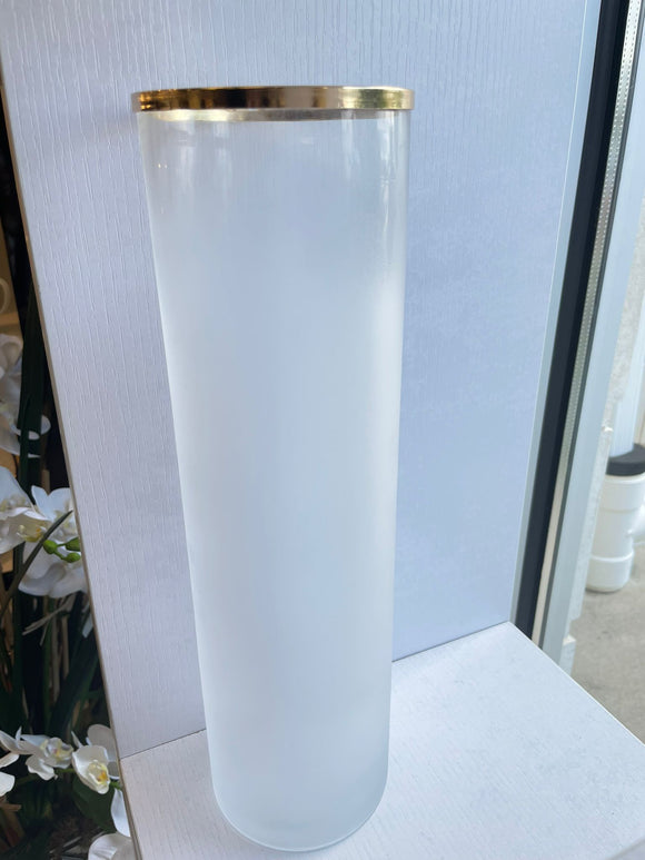 Frosted white glass tall vase with gold rim