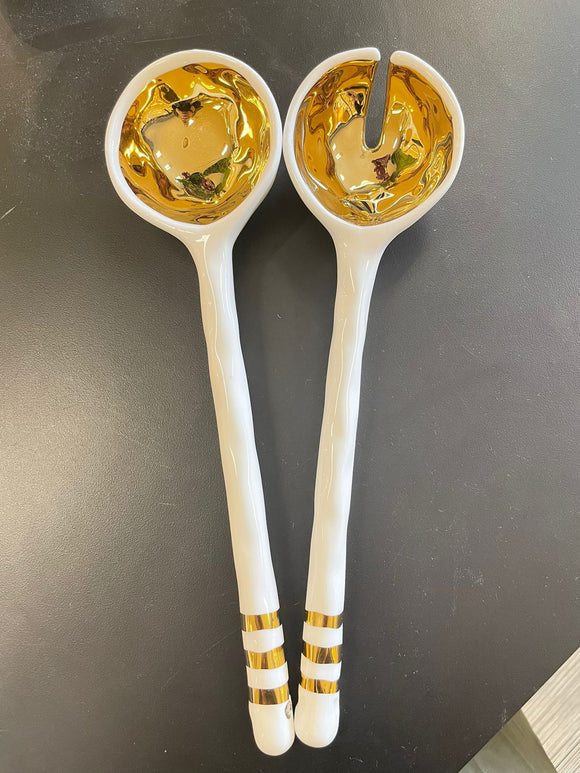 White and gold porcelain salad servers