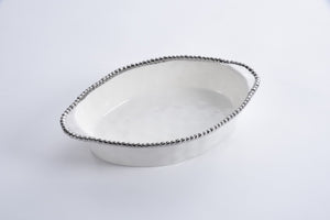 Oval silver and white baking dish