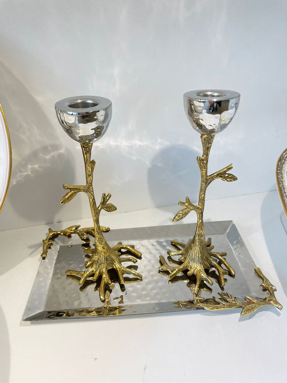 Set of two branch candle sticks with tray