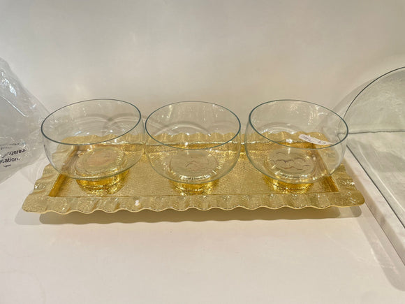 3 dip bowls with golden tray