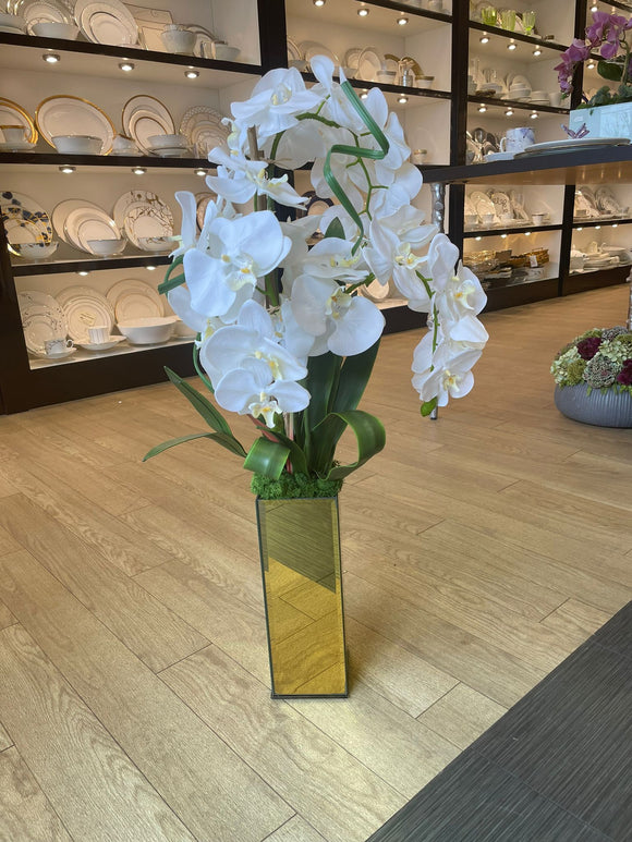 White Orchid Arrangement with Gold Mirrored Vase