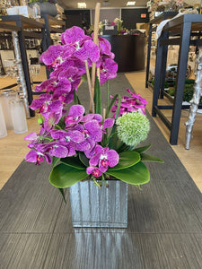Purple Orchid Arrangement with Mirrored Square Vase
