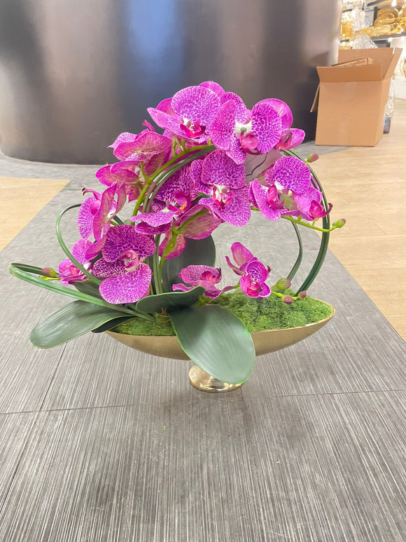 Magenta Orchid Arrangement - with Gold Half Moon Shaped Vase