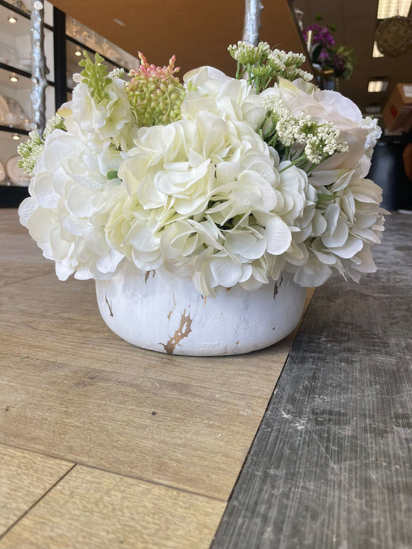 White Flower Arrangement with White and Gold Vase