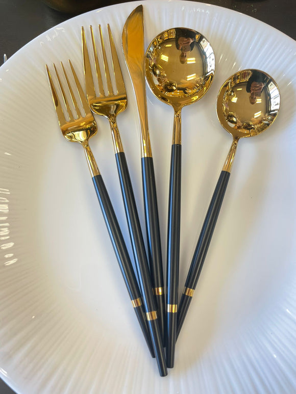 20 piece black and gold flatware set with gold band #34233