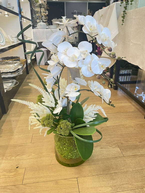 White Orchid Flower Arrangement with Clear Vase