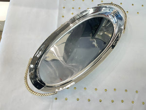 Aluminum oval challah tray with twisted handles - two tone