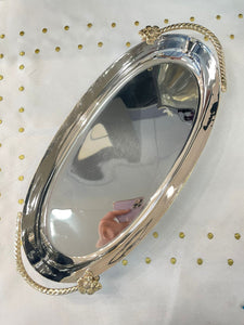 Aluminum oval challah tray with twisted handles - flower detail