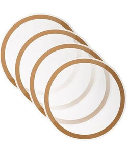 Thick gold rim lucite chargers. Set of 4