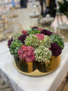 Colorful sedums in gold pot #111