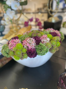 Colorful sedums in oval white pot #112