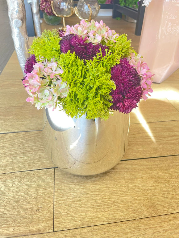 Green & Purple Flower Arrangement w Silver Vase