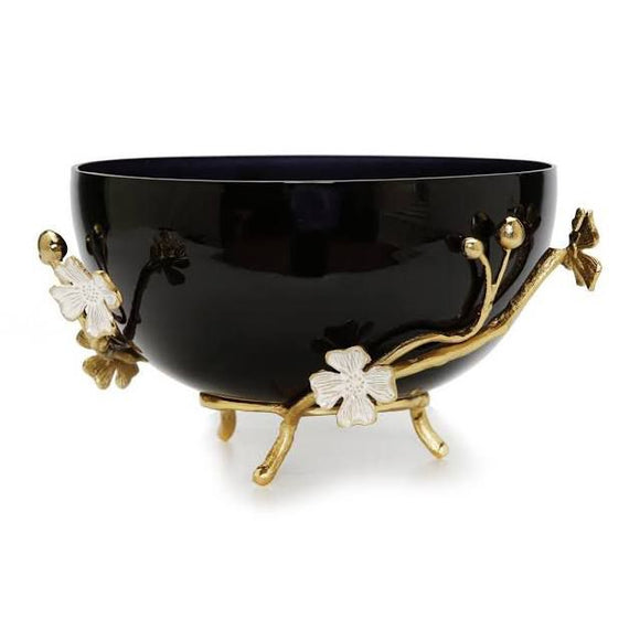 Large black salad bowl with floral design #8553