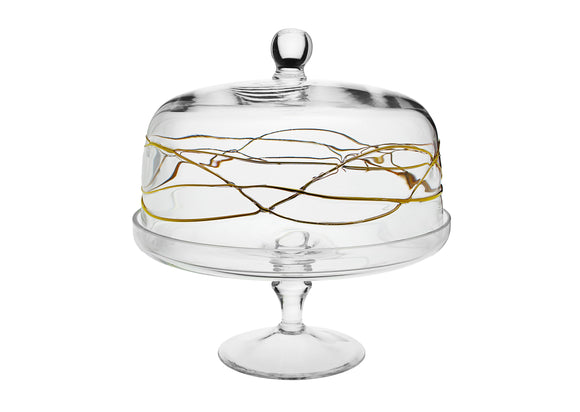 Cake Stand with Dome with Gold Swirl Design