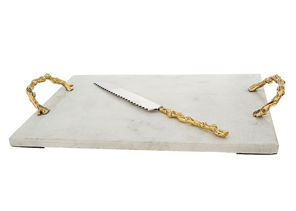 White and gold Marble Challah board with knife