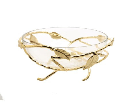 Glass Salad Bowl with Gold Brass Leaf Decoration